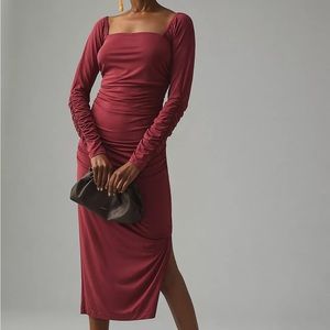 NWT Anthropologie Burgundy Ruched Square Neck Dress - Size XS